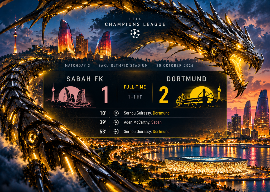 Graphic displaying the final score of a UEFA Champions League match between Sabah FK and Dortmund, held at Baku Olympic Stadium on 20 October 2026. The score is Sabah FK 1, Dortmund 2, along with goal scorers and timings.