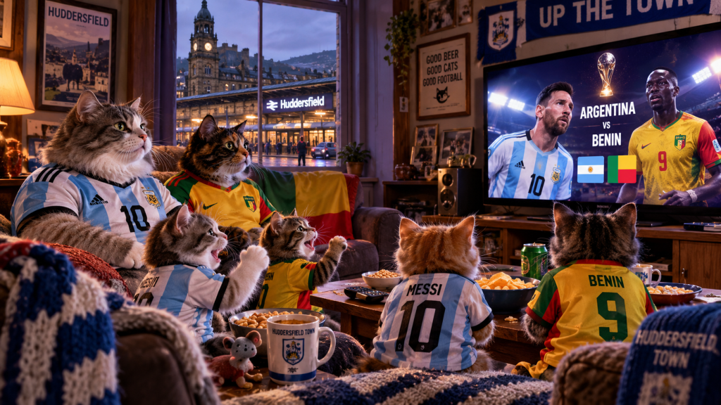 A group of cats dressed in football jerseys watching a match on TV. The scene is set in a cosy living room, with a view of Huddersfield outside. The screen displays a game between Argentina and Benin, featuring players Messi and an opponent.
