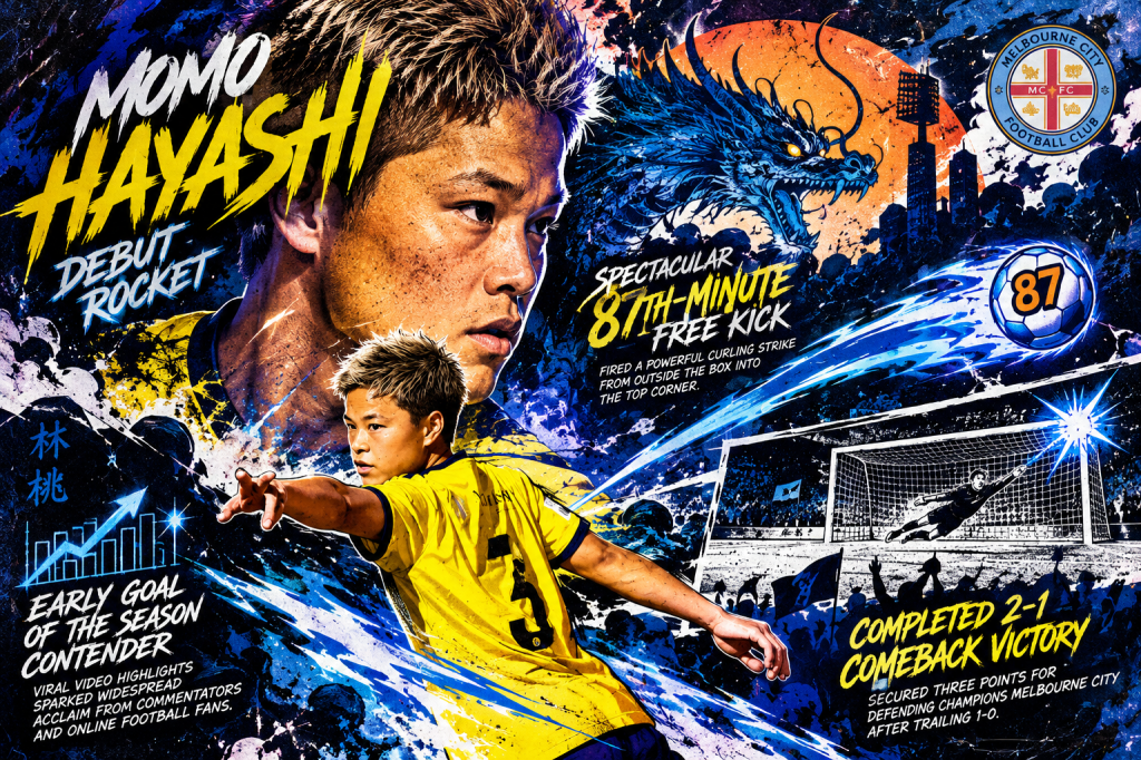An artistic graphic featuring a football player named Momo Hayashi, celebrating a successful debut with phrases about an 87th-minute free kick goal and a comeback victory. The background includes vibrant colours, a dragon illustration, and elements representing football highlights.